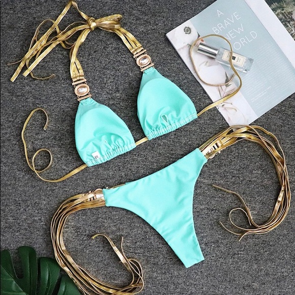 NWT competition hot pink tassel jewel diamond halter string bikini gold side - Picture 13 of 14